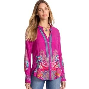 Johnny Was Amyle Fuchsia Floral Button-Down Embroidered Shirt Size M